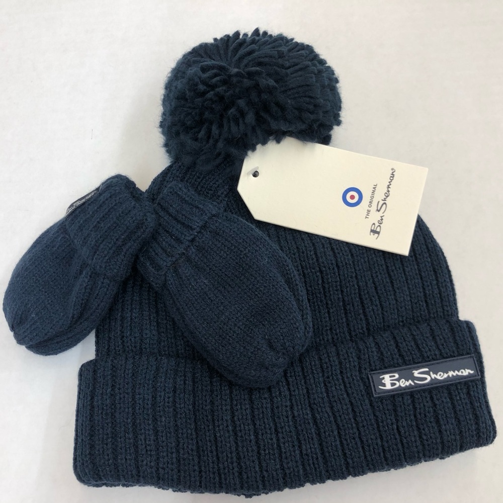 New! Ben Sherman toddlers beanie & mitten set knitted navy